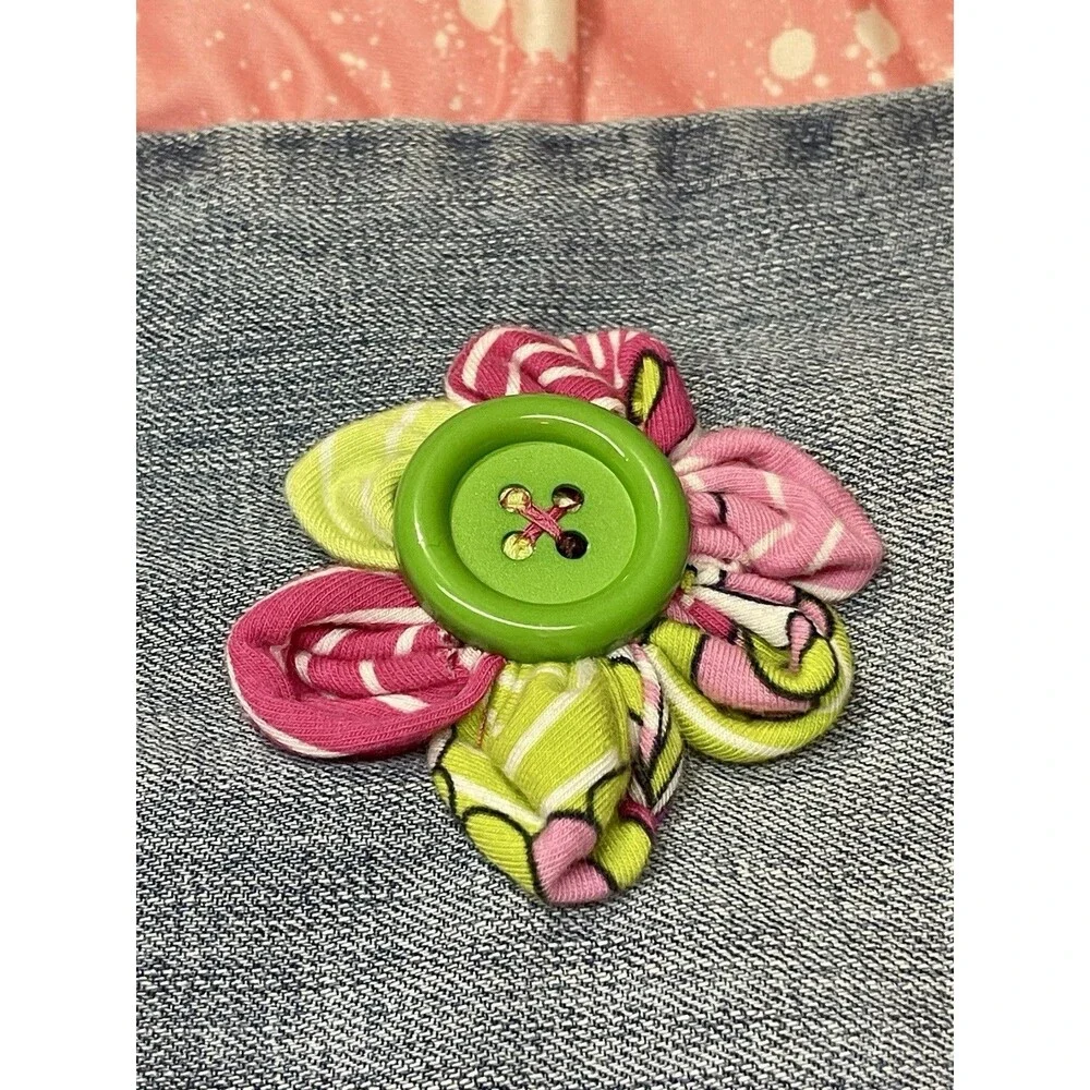 Pet Bandana Distressed Blue Jean Scarf with Lime & Pink Ribbon Flower Accent SzS